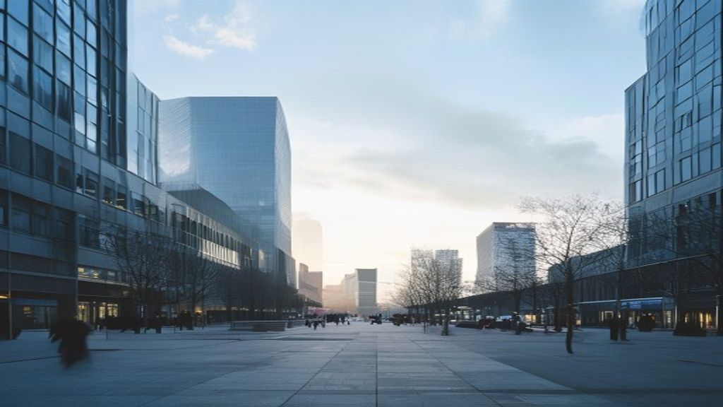 Solbelyst torg med mennesker som beveger seg, brede perspektiv av en levende by